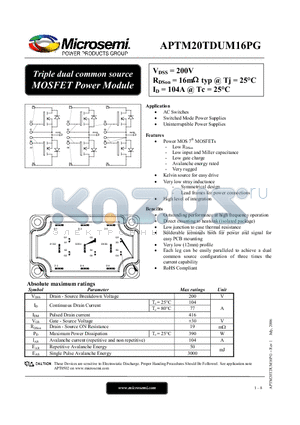 APTM20TDUM16PG datasheet - Triple dual common source MOSFET Power Module