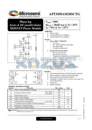 APTM50AM38SCTG datasheet - Phase leg Series & SiC parallel diodes MOSFET Power Module