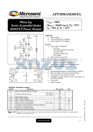APTM50AM38STG datasheet - Phase leg Series & parallel diodes MOSFET Power Module