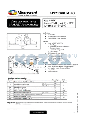 APTM50DUM17G datasheet - Dual common source MOSFET Power Module