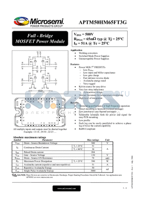APTM50HM65FT3G datasheet - Full - Bridge MOSFET Power Module
