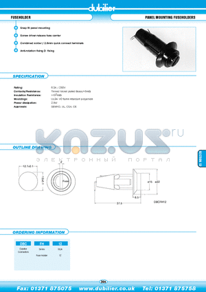 DBCFH12 datasheet - FUSEHOLDER PANEL MOUNTING FUSEHOLDERS