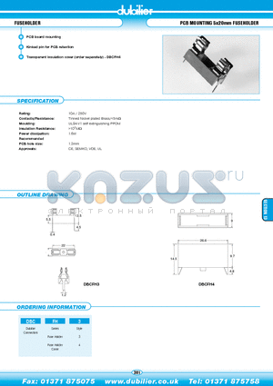 DBCFH4 datasheet - FUSEHOLDER PCB MOUNTING 5x20mm FUSEHOLDER