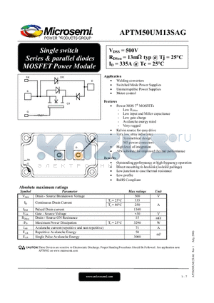 APTM50UM13SAG datasheet - Single switch Series & parallel diodes MOSFET Power Module