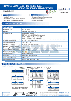 ABLS3 datasheet - HC/49US (AT49) LOW PROFILE SURFACE MOUNT MICROPROCESSOR CRYSTAL