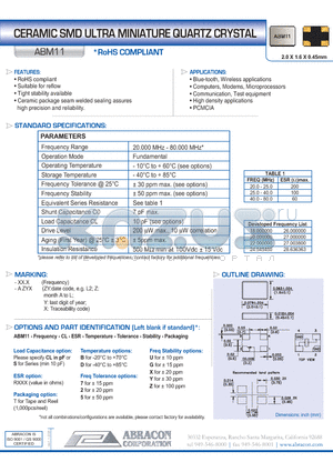 ABM11 datasheet - CERAMIC SMD ULTRA MINIATURE QUARTZ CRYSTAL