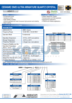 ABM11 datasheet - CERAMIC SMD ULTRA MINIATURE QUARTZ CRYSTAL