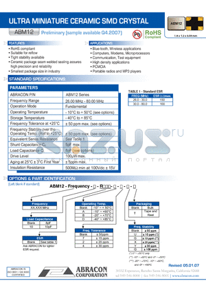 ABM12 datasheet - ULTRA MINIATURE CERAMIC SMD CRYSTAL