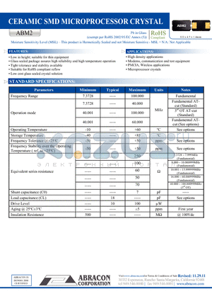 ABM2 datasheet - CERAMIC SMD MICROPROCESSOR CRYSTAL