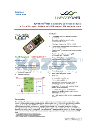 APTS020A0X43-SRZ datasheet - 4.5 - 14Vdc input; 0.69Vdc to 5.5Vdc output; 20A output current