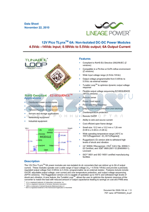 APTS006A0X_10 datasheet - 12V Pico TLynxTM 6A: Non-Isolated DC-DC Power Modules