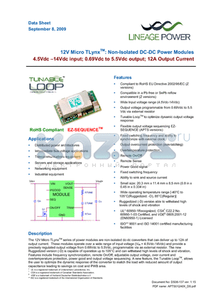 APTS012A0X3-SRDZ datasheet - 4.5 - 14Vdc input; 0.69Vdc to 5.5Vdc output; 12A output current