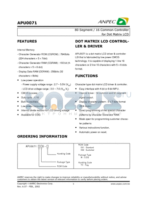 APU0071 datasheet - 80 Segment / 16 Common Controller for Dot Matrix LCD