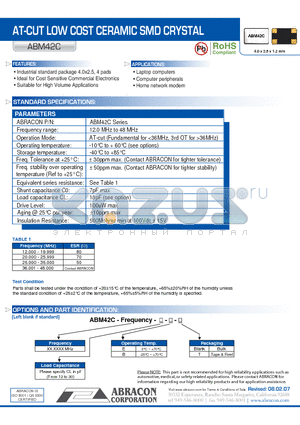 ABM42C datasheet - AT-CUT LOW COST CERAMIC SMD CRYSTAL