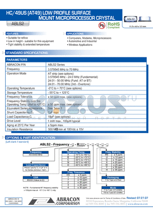 ABLS2 datasheet - HC/49US (AT49) LOW PROFILE SURFACE MOUNT MICROPROCESSOR CRYSTAL