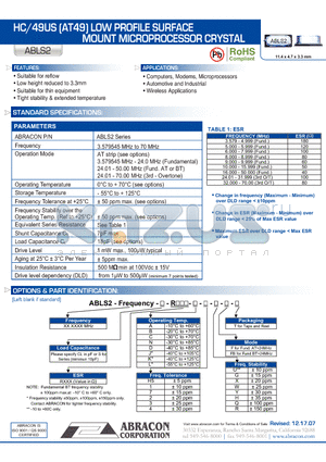 ABLS2_07 datasheet - HC/49US (AT49) LOW PROFILE SURFACE MOUNT MICROPROCESSOR CRYSTAL