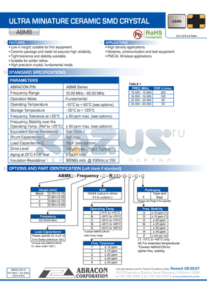 ABM8 datasheet - ULTRA MINIATURE CERAMIC SMD CRYSTAL
