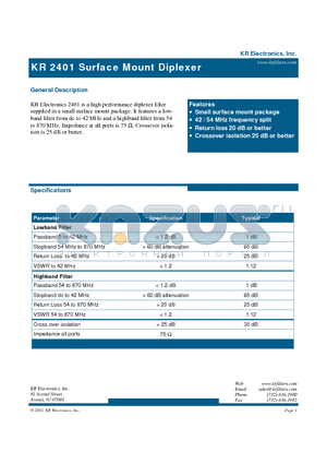 2401 datasheet - Surface Mount Diplexer