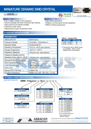 ABM9 datasheet - MINIATURE CERAMIC SMD CRYSTAL