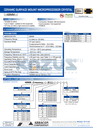 ABMM datasheet - CERAMIC SURFACE MOUNT MICROPROCESSOR CRYSTAL