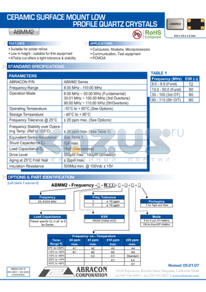 ABMM2 datasheet - CERAMIC SURFACE MOUNT LOW PROFILE QUARTZ CRYSTALS