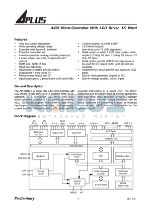 APU4003 datasheet - 4-BIT MICRO-CONTROLLER WITH LCD DRIVER, 1K WORD