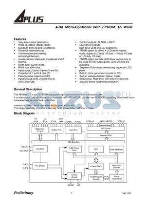 APU4003T datasheet - 4-Bit Micro-Controller With EPROM, 1K Word