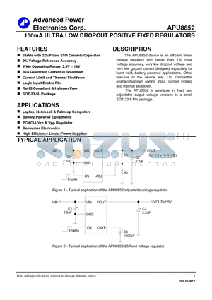 APU8852 datasheet - 150mA ULTRA LOW DROPOUT POSITIVE FIXED REGULATORS