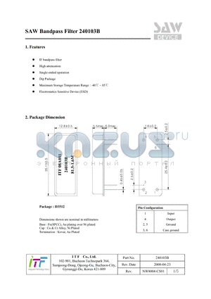 240103B datasheet - SAW Bandpass Filter