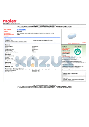 17003-1572 datasheet - 5mm Stainless Steel Metal Dome, Actuation Force 170/-40gf(2.06-1.27N)