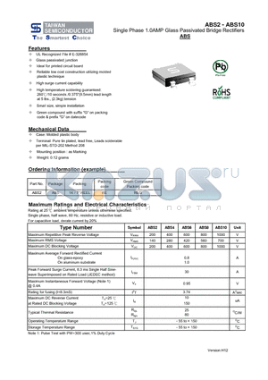 ABS10 datasheet - Single Phase 1.0AMP Glass Passivated Bridge Rectifiers