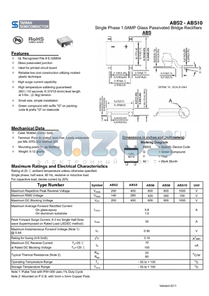 ABS2 datasheet - Single Phase 1.0AMP Glass Passivated Bridge Rectifiers