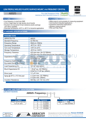 ABS25_08 datasheet - LOW PROFILE MOLDED PLASTIC SURFACE MOUNT, kHz FREQUENCY CRYSTAL