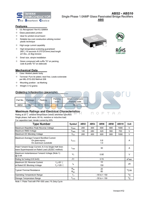 ABS2_13 datasheet - Single Phase 1.0AMP Glass Passivated Bridge Rectifiers