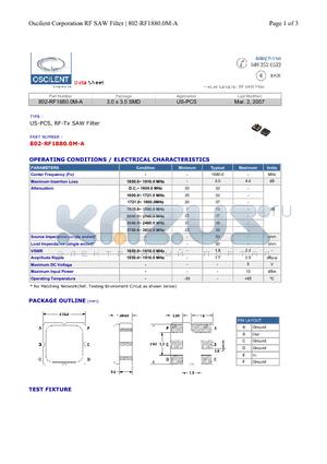 802-RF1880.0M-A datasheet - US-PCS, RF-Tx SAW Filter