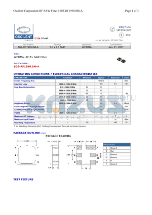 802-RF1950.0M-A datasheet - WCDMA, RF-Tx SAW Filter