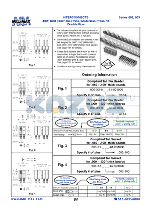 802-90-064-62-001000 datasheet - INTERCONNECTS .100 Grid (.030 dia.) Pins, Solderless Press-Fit Double Row