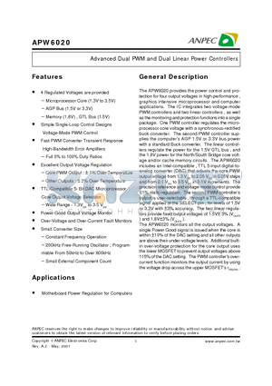 APW6020K-TR datasheet - Advanced Dual PWM and Dual Linear Power Controllers