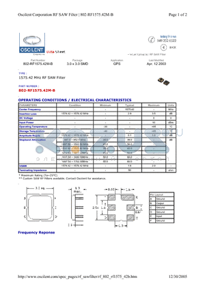 802-RF1575.42M-B datasheet - 1575.42 MHz RF SAW Filter