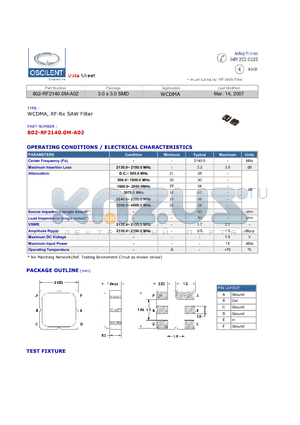 802-RF2140.0M-A02 datasheet - WCDMA, RF-Rx SAW Filter