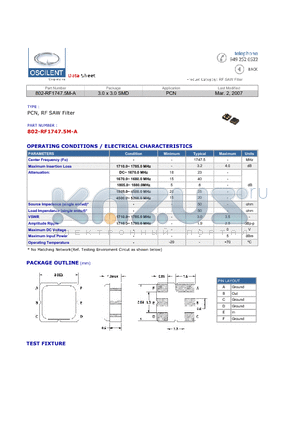 802-RF1747.5M-A datasheet - PCN, RF SAW Filter