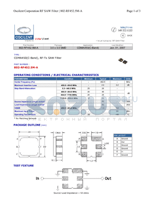 802-RF452.5M-A datasheet - CDMA450(C-Band), RF-Tx SAW Filter