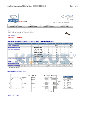 802-RF422.25M-B datasheet - CDMA450(L-Band), RF-Rx SAW Filter