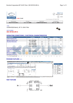 802-RF454.0M-A datasheet - CDMA450(B-Band), RF-Tx SAW Filter
