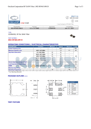 802-RF465.0M-D datasheet - CDMA450, RF-Rx SAW Filter