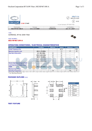 802-RF467.6M-A datasheet - CDMA450, RF-Rx SAW Filter