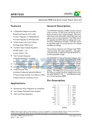 APW7025 datasheet - Advanced PWM and Dual Linear Power Control