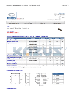 802-RF860.5M-B datasheet - Low-Loss RF SAW Filter For iDEN Rx