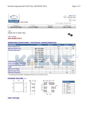 802-RF897.5M-A datasheet - EGSM, RF-Tx SAW Filter