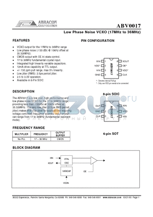 ABV0017 datasheet - Low Phase Noise VCXO (17MHz to 36MHz)